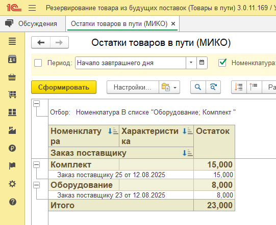 Отчет «Остатки товаров в пути» со свободными остатками для виртуального резервирования