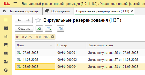 Раздел «Резервы продукции НЗП» со списком документов виртуального резервирования